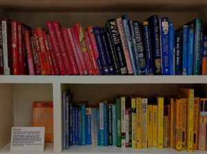 books organized by color using ROYGBIV/rainbow scheme