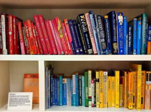 books organized by color using ROYGBIV/rainbow scheme