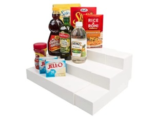 expandable stair-step cabinet helper for organized food storage