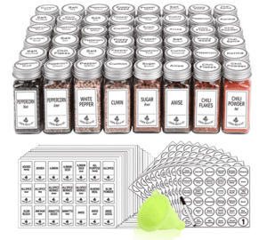 glass spice jars with coordinating labels and lids