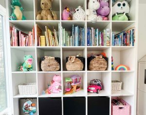 Neat, organized cubbies in home organized by home organizers in St. Louis